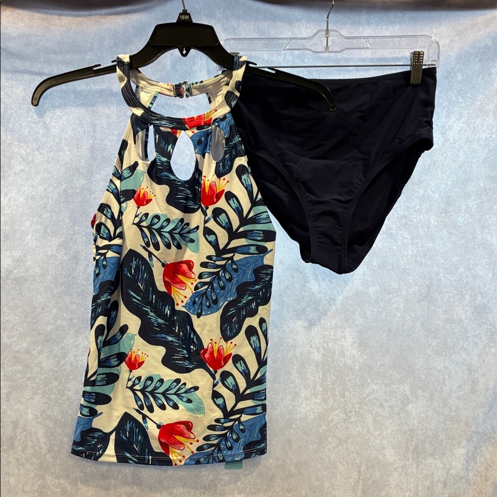 Yonique Floral High-Neck Tankini Top with Solid Black Bikini Bottoms